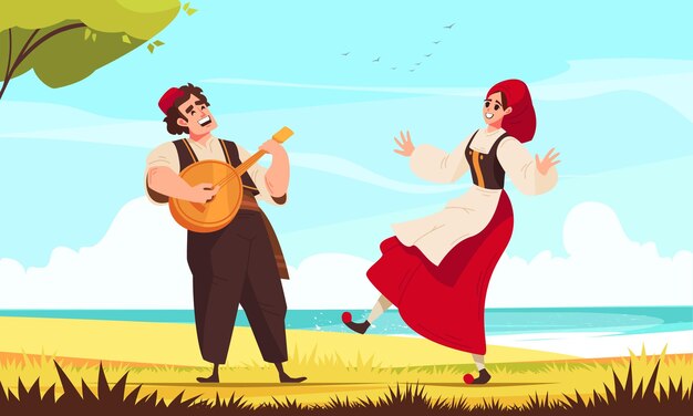 El hombre de composición musical de folclore plano de color toca música y su pareja baila ilustración vectorial