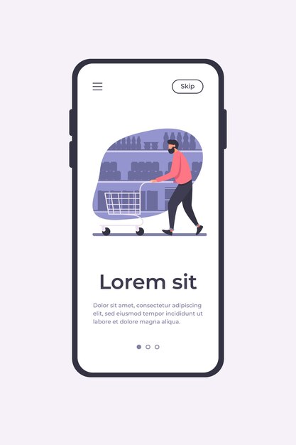 Hombre de compras en el supermercado. Carrito de ruedas de cliente a lo largo de pasillos ilustración vectorial plana. Tienda de comestibles, concepto de compra de alimentos para banner, diseño de sitio web o página web de destino