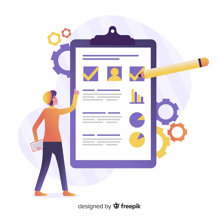 Vector gratuito hombre comprobando la lista de verificación gigante