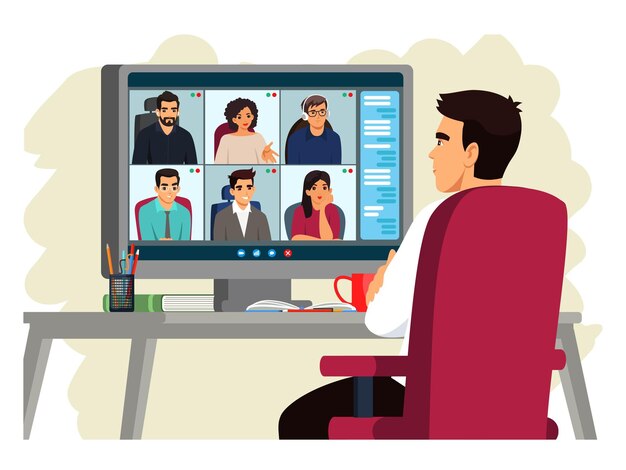 Hombre en la comunicación grupal de videoconferencia en línea a través de la pantalla de la computadora Un hombre sentado en la silla de su casa escuchando una reunión o un seminario web trabajando o aprendiendo a distancia