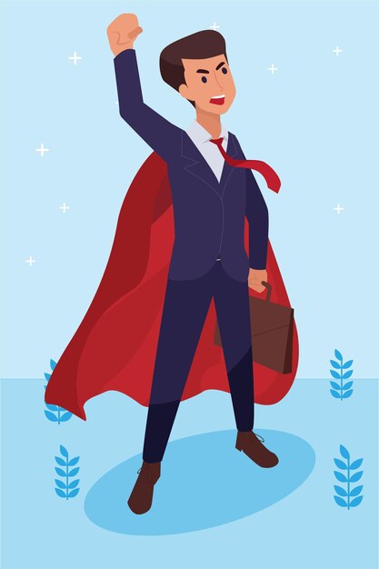 El hombre corporativo feliz hizo su trabajo como visión y misión y celebrando, el éxito del liderazgo y el concepto de progreso profesional, ilustración plana