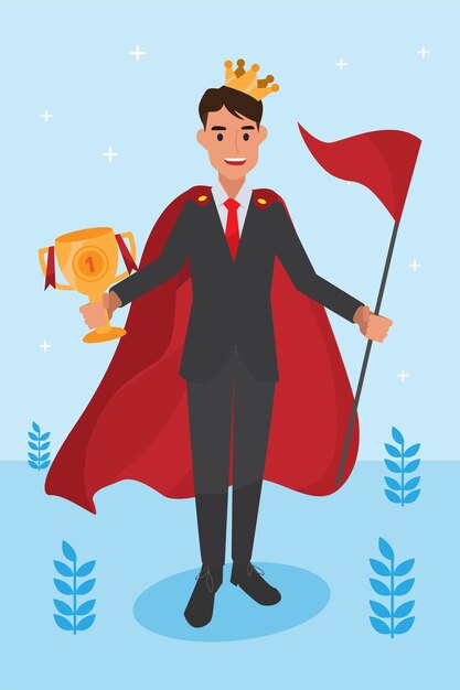 El hombre corporativo feliz hizo su trabajo como visión y misión y celebrando, el éxito del liderazgo y el concepto de progreso profesional, ilustración plana