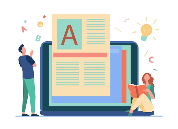 Hombre creando contenido para blog y libro de lectura de mujer en línea.