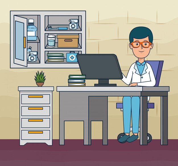 Hombre dentista en la oficina con computadora y libros