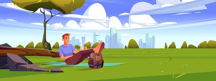 Vector gratuito el hombre descansa sobre el césped verde con la ciudad en el horizonte