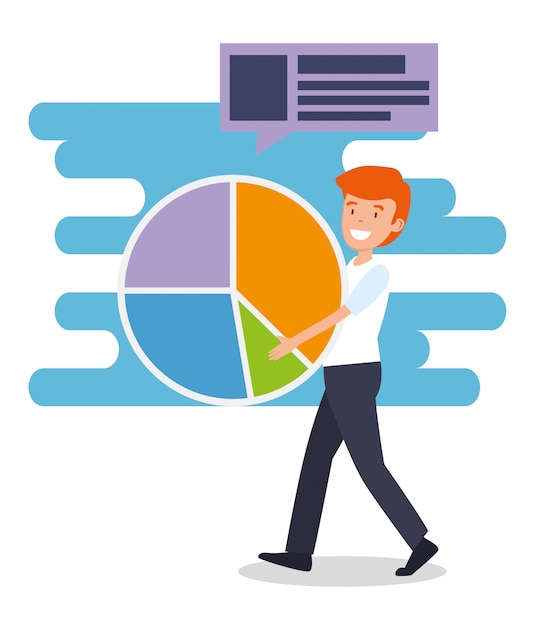 Hombre con diagrama de estadísticas y burbuja de chat