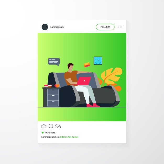Hombre de dibujos animados sentado en casa con portátil aislado ilustración vectorial plana. Joven empresario en sofá con computadora