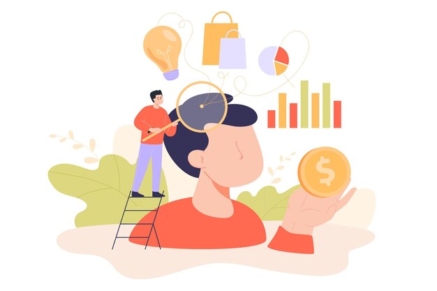 Hombre diminuto analizando la mente o el comportamiento del cliente