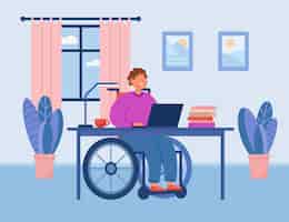 Vector gratuito hombre discapacitado en silla de ruedas trabajando en equipo en casa