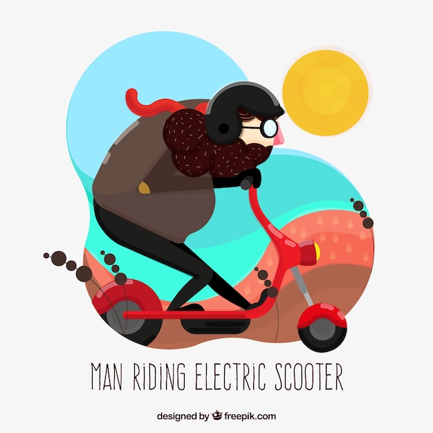 Vector gratuito hombre divertido montando en scooter eléctrico