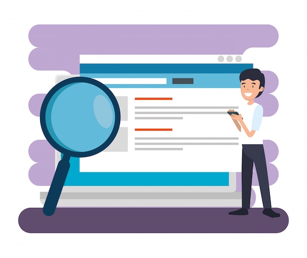 Vector gratuito hombre con documentos del sitio web y lupa