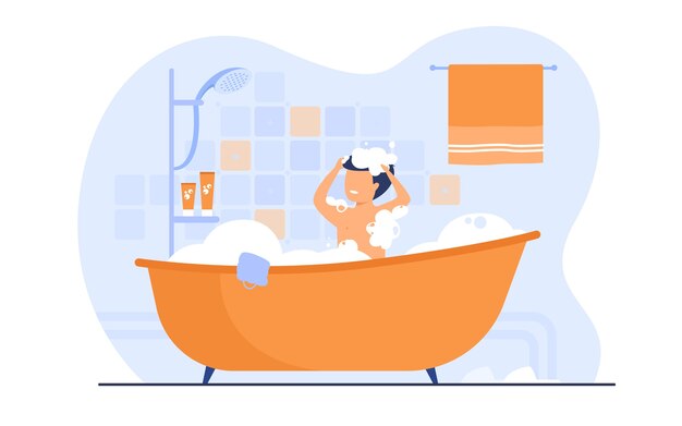 Hombre con ducha o baño, sentado en la bañera con espuma, lavándose el cabello. Ilustración de vector de baño, higiene corporal, relax, concepto de mañana