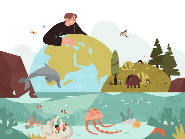 Vector gratuito hombre ecologista que protege la biodiversidad de plantas, aves, animales, vida marina.