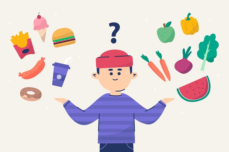 Vector gratuito hombre eligiendo entre alimentos saludables o no saludables