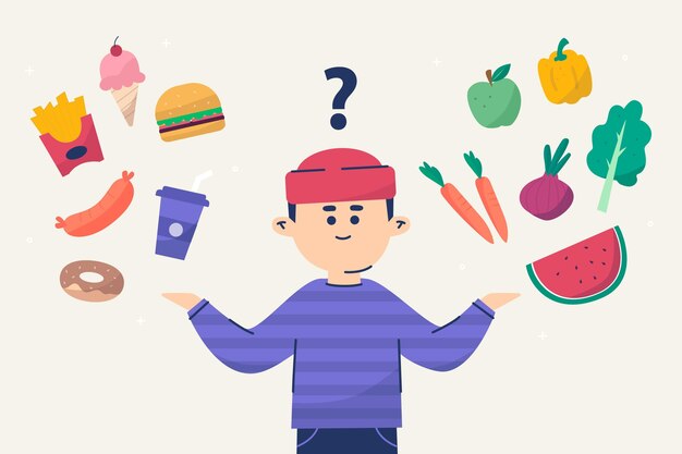 Hombre eligiendo entre alimentos saludables o no saludables