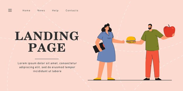 Hombre eligiendo entre comida chatarra y saludable. Ilustración de vector plano. Hombre de dibujos animados sosteniendo una manzana gigante y una hamburguesa mientras está de pie junto al médico. Alimentos, dieta, salud, concepto de medicina para el diseño de pancartas