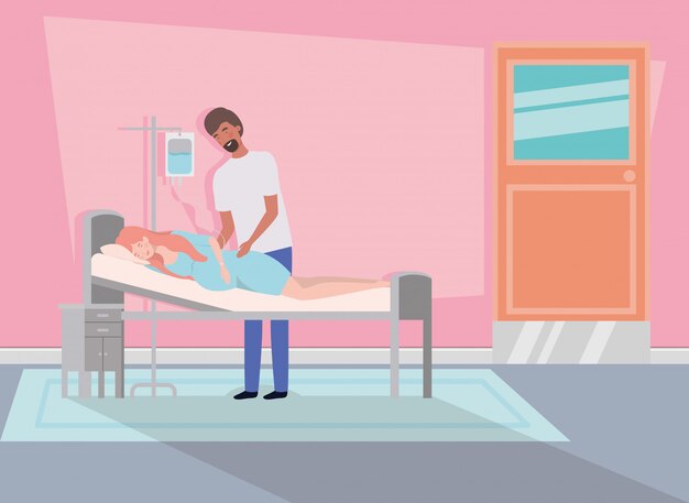 Hombre con embarazo mujer en cuarto de hospital