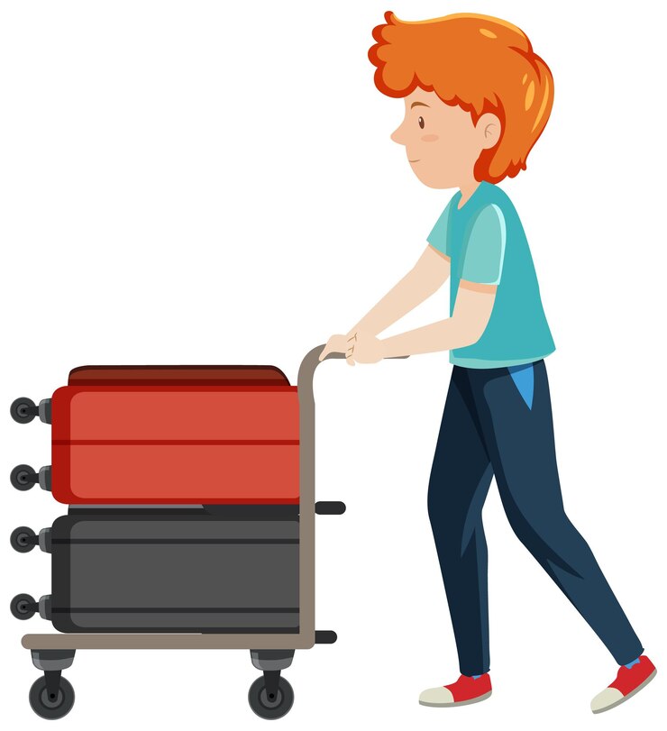 Vector gratuito un, hombre, empujar, carro de equipaje, blanco, plano de fondo