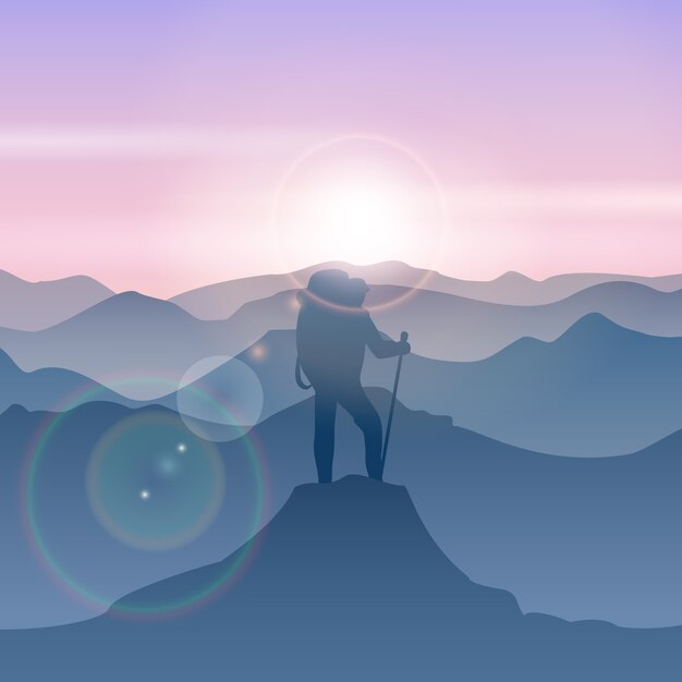 El hombre se encuentra en la cima de la montaña. Ilustración de hombre de viaje de montaña de vector. Pico senderismo montaña, montaña superior, hombre de pie ilustración