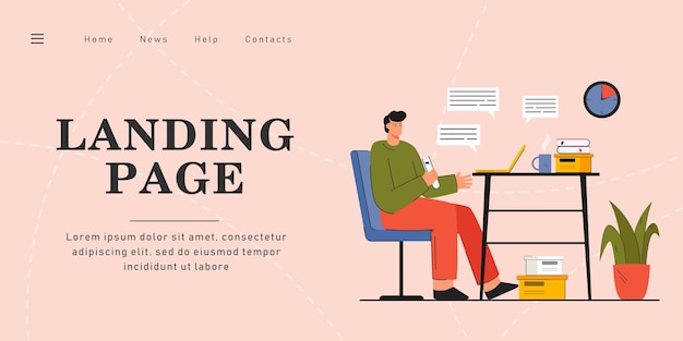 Hombre enojado sentado en la mesa charlando en la computadora portátil. Persona masculina que tiene una mala conversación con un amigo. Comunicación, redes sociales, concepto de problemas para banner, diseño de sitios web o página web de destino.
