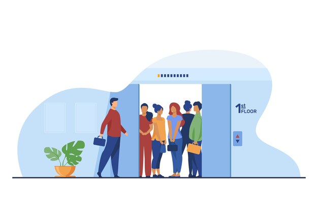 Hombre entrando en cabina de ascensor abarrotada. Sala de construcción, puertas abiertas ilustración vectorial plana. Multitud, gente en lugar público, concepto de distancia social