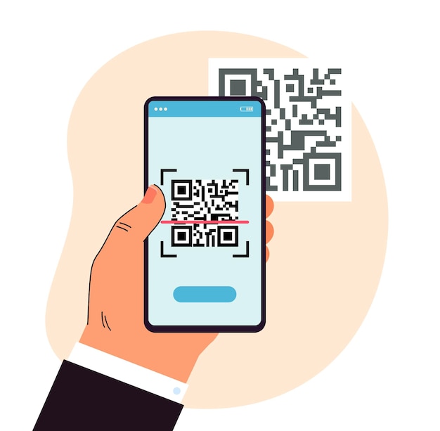 Hombre escaneando código QR con teléfono móvil. Dispositivo de sujeción de mano masculina dirigido al código. Concepto de tecnología moderna para banner, diseño de sitio web o página web de inicio