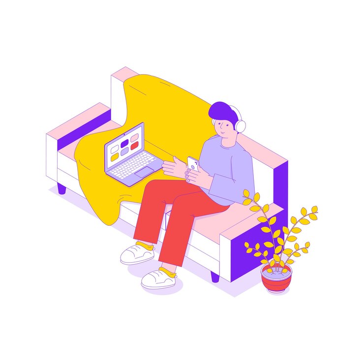 Vector gratuito hombre escuchando música en auriculares sentado en el sofá ilustración isométrica 3d