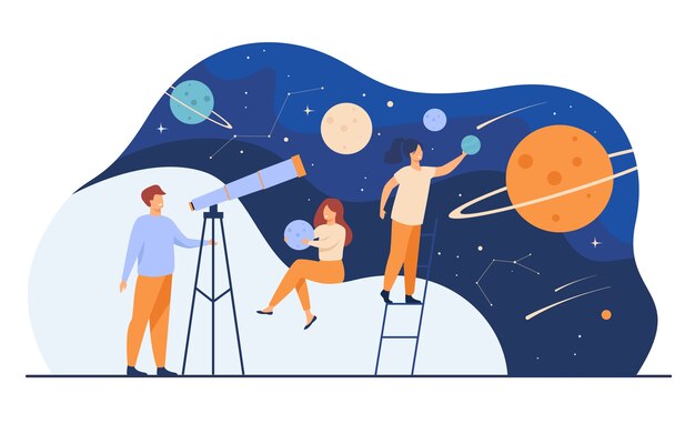 Hombre estudiando la galaxia a través del telescopio. Mujeres sosteniendo modelos de planetas, observando meteoros y constelaciones de estrellas. Ilustración de vector plano para horóscopo, astronomía, descubrimiento, conceptos de astrología