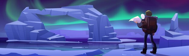Hombre excursionista en glaciar en el Ártico