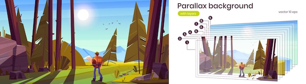 Hombre excursionista con mapa y mochila en bosque con árboles coníferos, piedras y montañas en el horizonte. Fondo de paralaje de vector para animación 2d con paisaje de bosque de verano de dibujos animados con turista