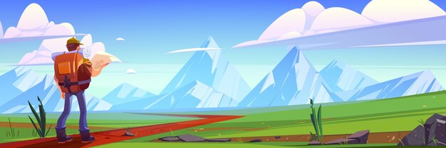 Hombre excursionista en prado verde con camino y montañas blancas en el horizonte Ilustración de dibujos animados vectoriales del paisaje de verano del valle con rocas de hierba y turista con mapa y mochila