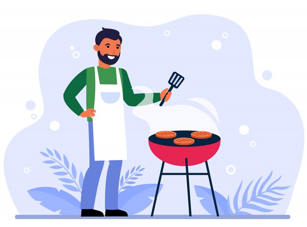Hombre feliz asar carne barbacoa