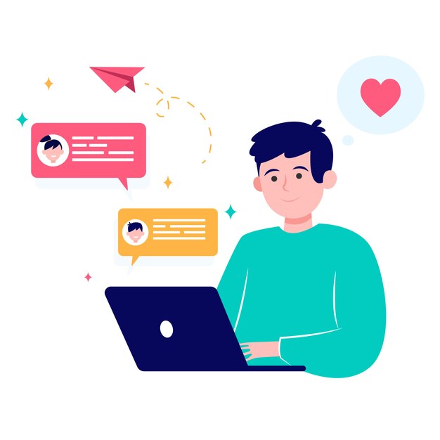 Hombre feliz de citas en línea a través de la computadora portátil