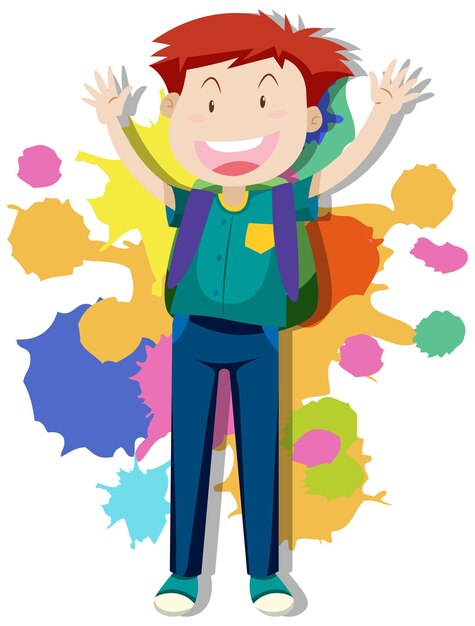Hombre feliz con mochila en colores de fondo