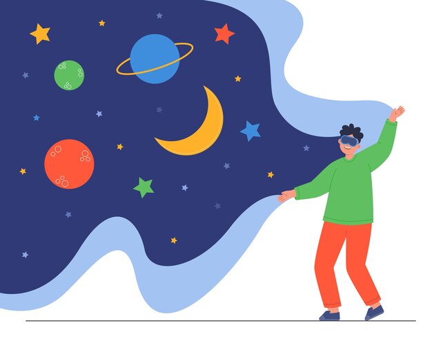 Hombre con gafas VR mirando la ilustración de vector plano de galaxia. Niño feliz con gafas de realidad virtual mirando el espacio, las estrellas, la luna y los planetas. Tecnología, innovación, concepto de gadget.