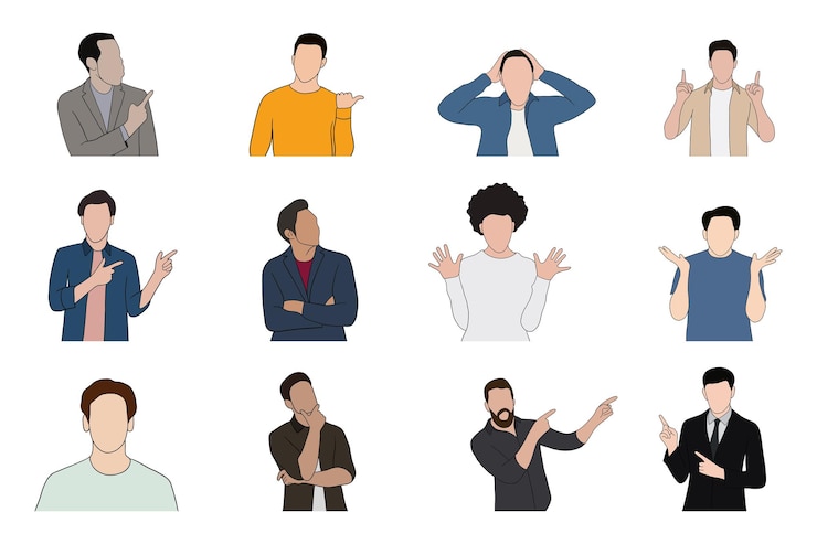 Vector gratuito hombre guapo joven aislado en diferentes poses en la ilustración de fondo blanco