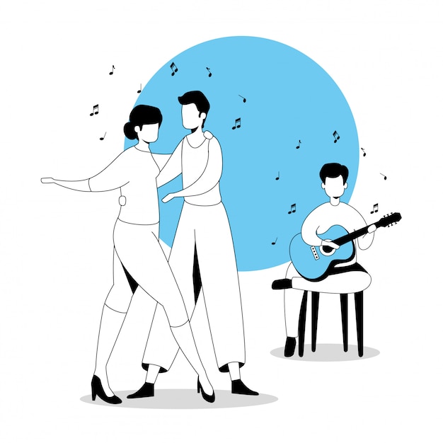 Vector gratuito hombre con guitarra y pareja bailando