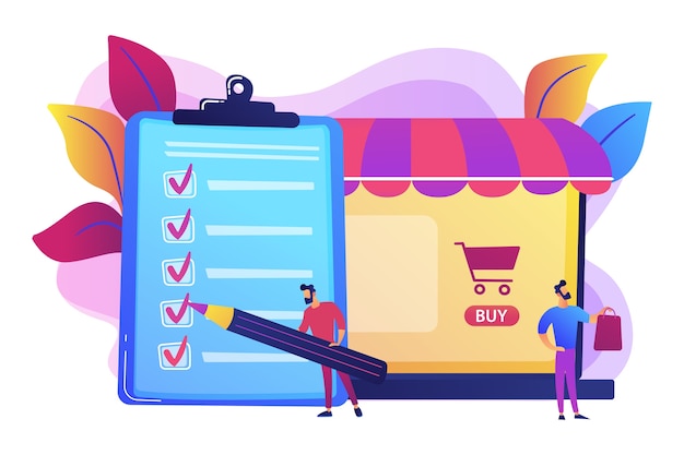 Vector gratuito hombre haciendo compras de la lista de compras. cliente con paquete, compra de bienes. acuerdo de compra, compra en la aplicación, concepto de proceso de compra.