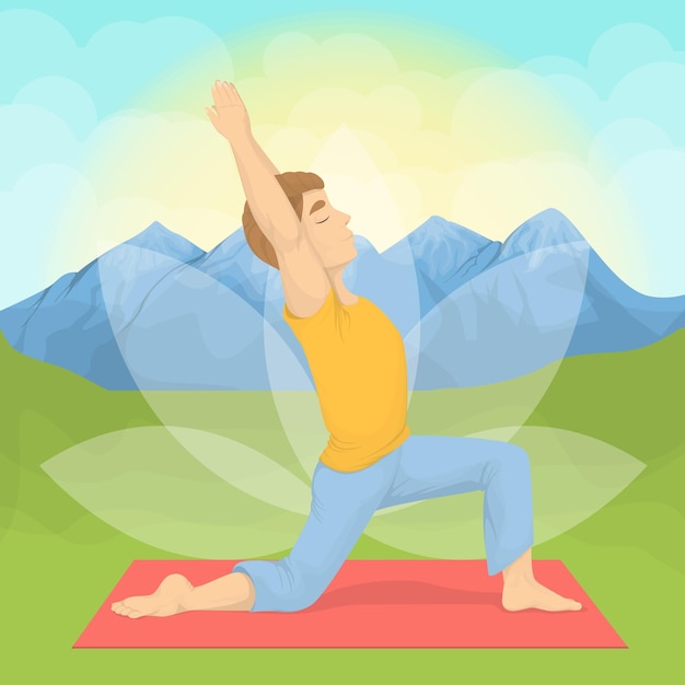 Hombre haciendo yoga en las montañas meditación y relajación.