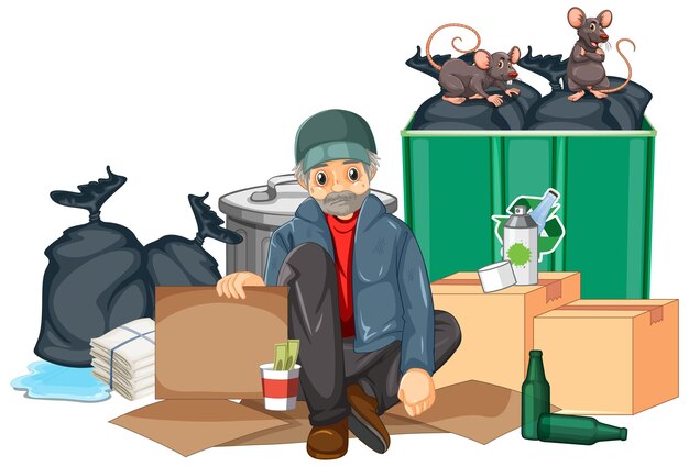 Hombre sin hogar sentado cerca de la basura
