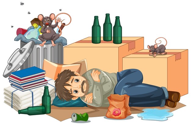 Hombre sin hogar tirado cerca de la basura