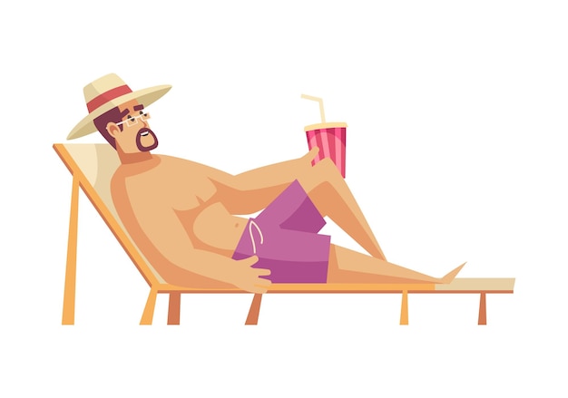 Hombre de icono plano de vacaciones en la playa relajante en el salón con ilustración de vector de bebida