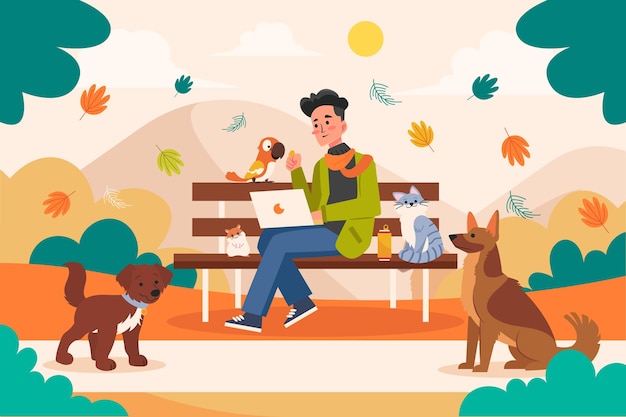 Hombre de ilustración plana con mascotas al aire libre