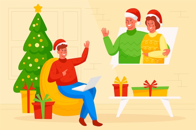 Vector gratuito hombre ilustrado con una videollamada en la noche de navidad