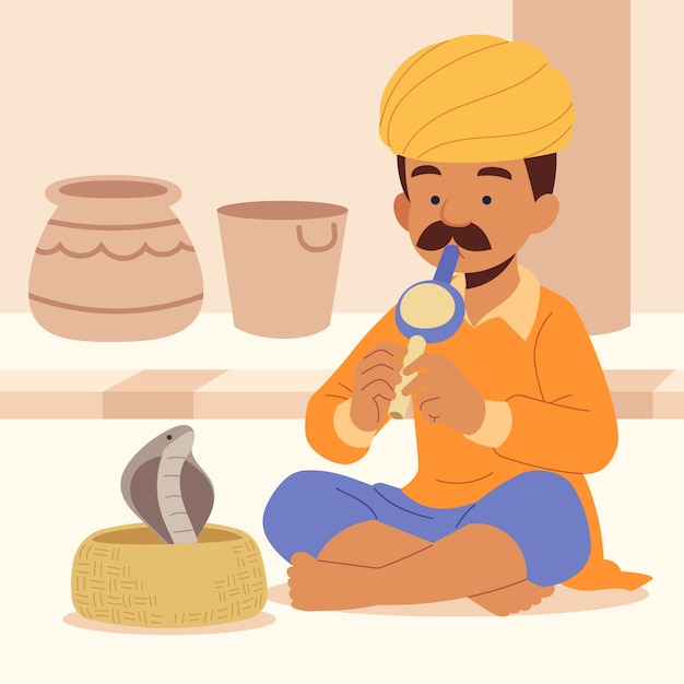 Hombre indio de diseño plano tocando flauta para serpiente