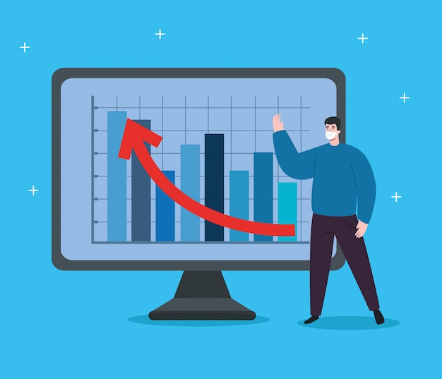 Hombre con infografía de recuperación financiera en computadora