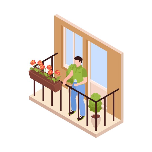 Hombre isométrico de pie con un vaso sobre el agua en un hermoso balcón con flores ilustración vectorial