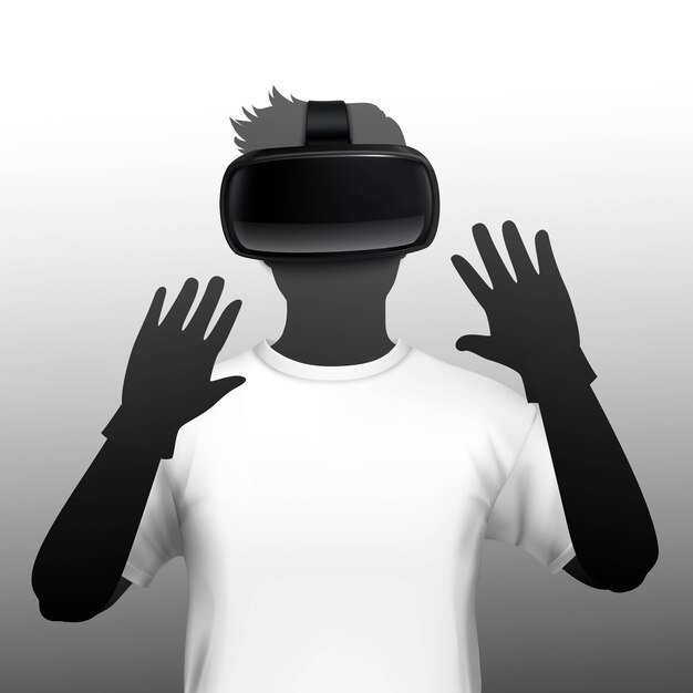 Hombre joven con auriculares de simulación de realidad virtual y aumentada