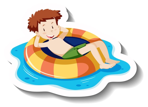 Hombre joven tendido en dibujos animados de anillo de natación pegatina