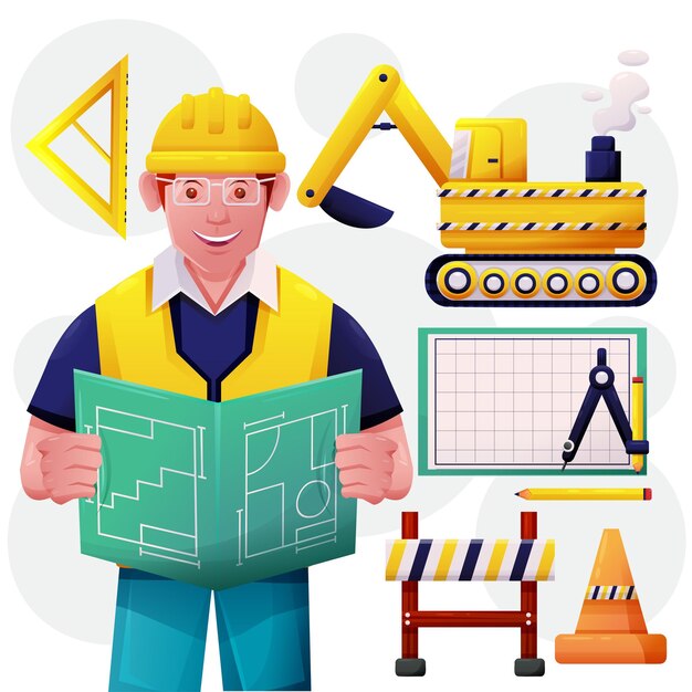 Hombre joven trabajador y equipos y máquinas de construcción de carreteras